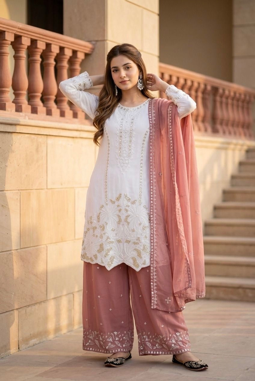 Elegant Embroidered White Kurta Palazzo Suit Set with Dupatta