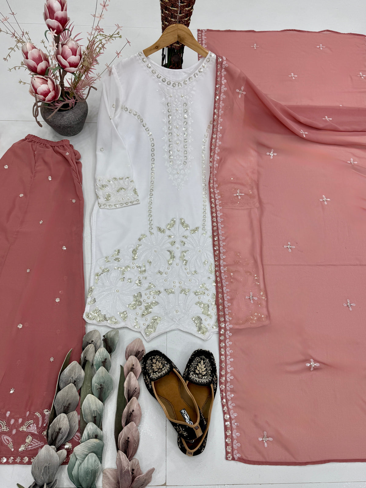 Elegant Embroidered White Kurta Palazzo Suit Set with Dupatta