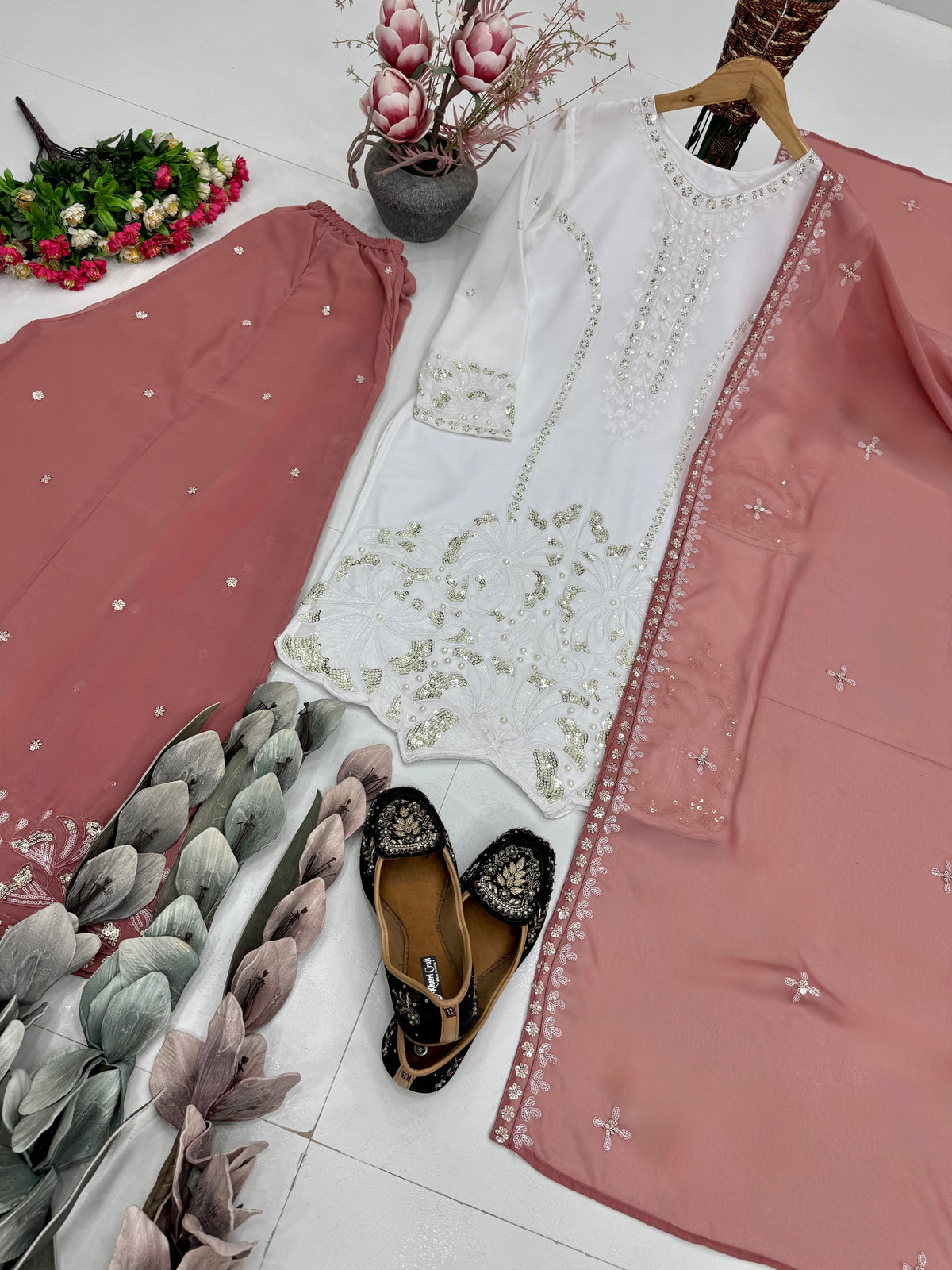 Elegant Embroidered White Kurta Palazzo Suit Set with Dupatta