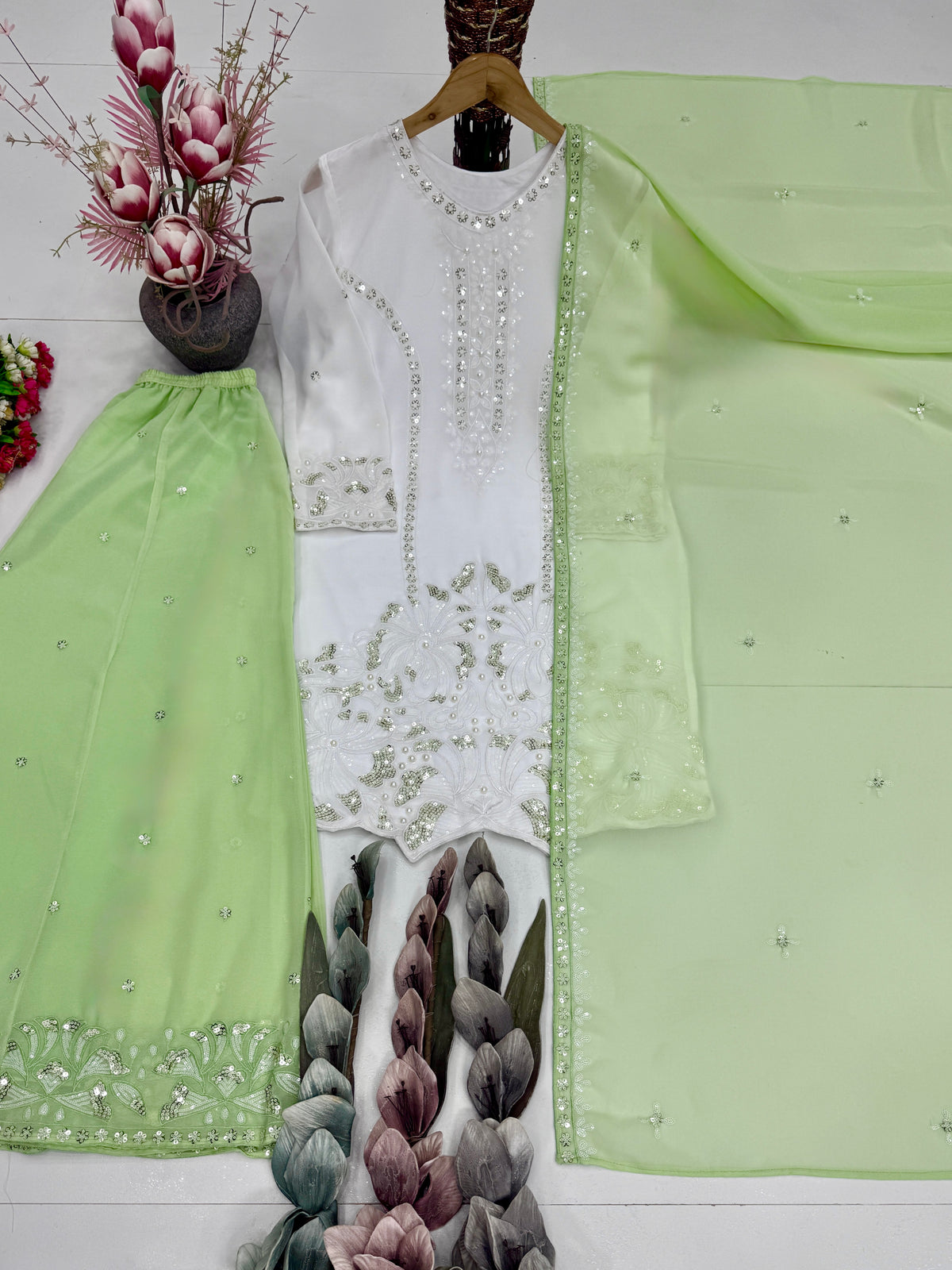 Elegant Embroidered White Kurta Palazzo Suit Set with Dupatta
