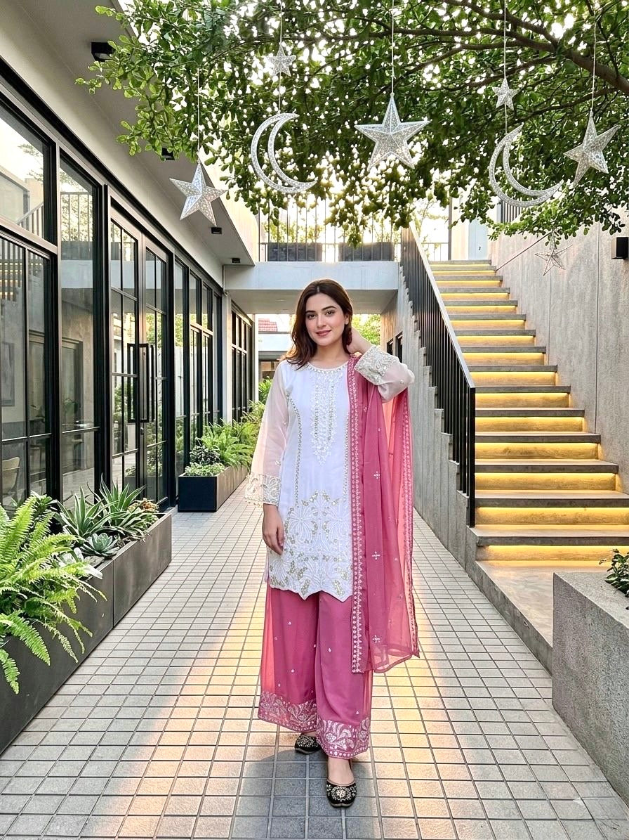 Elegant Embroidered White Kurta Palazzo Suit Set with Dupatta