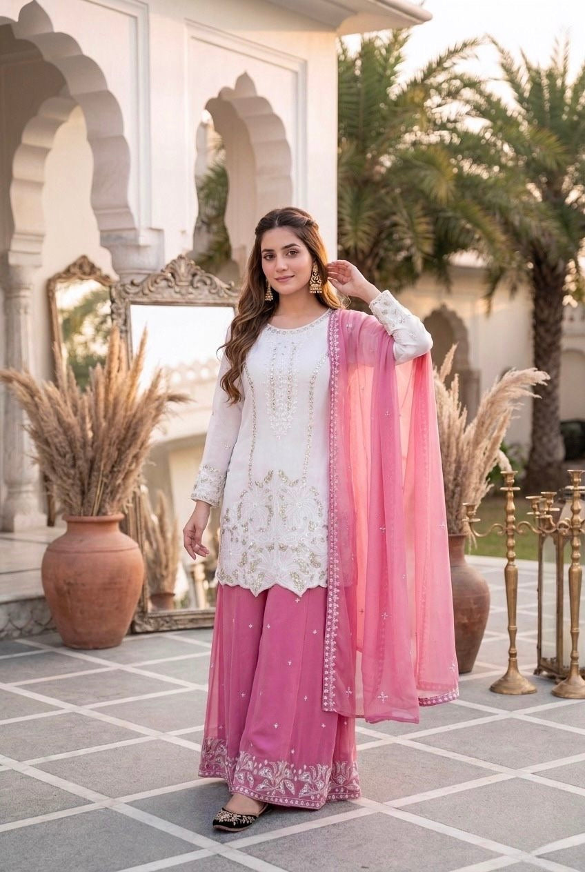 Elegant Embroidered White Kurta Palazzo Suit Set with Dupatta