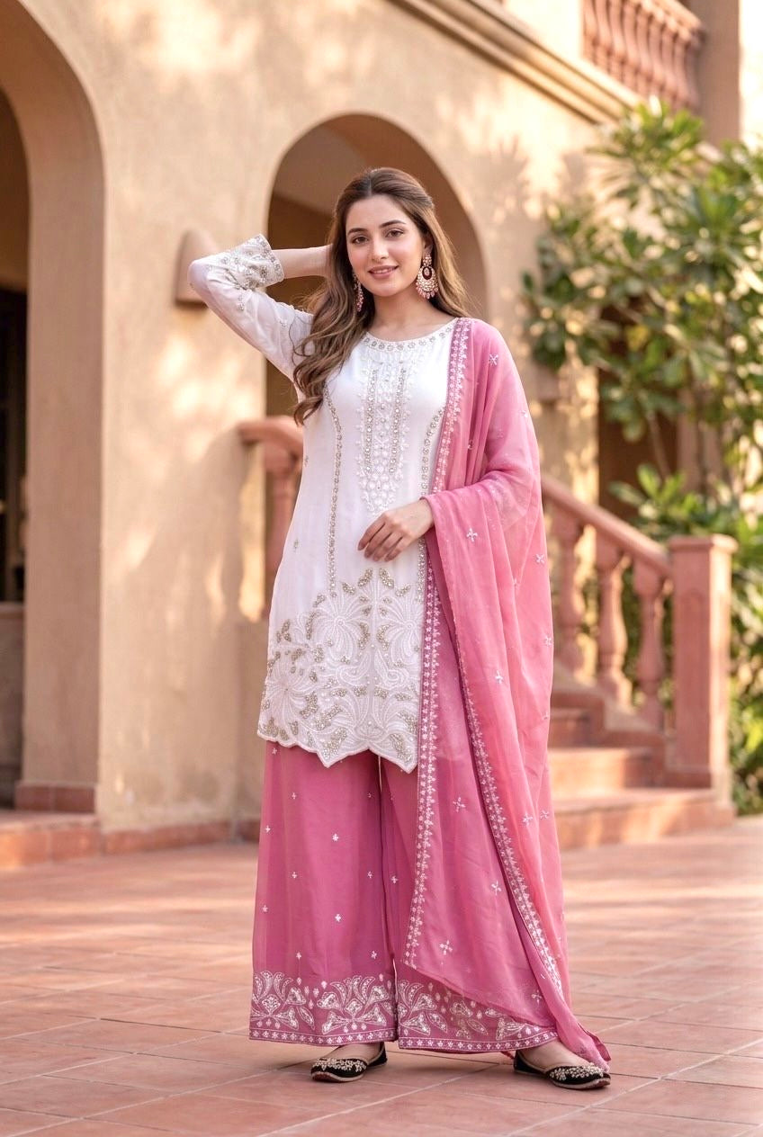 Elegant Embroidered White Kurta Palazzo Suit Set with Dupatta