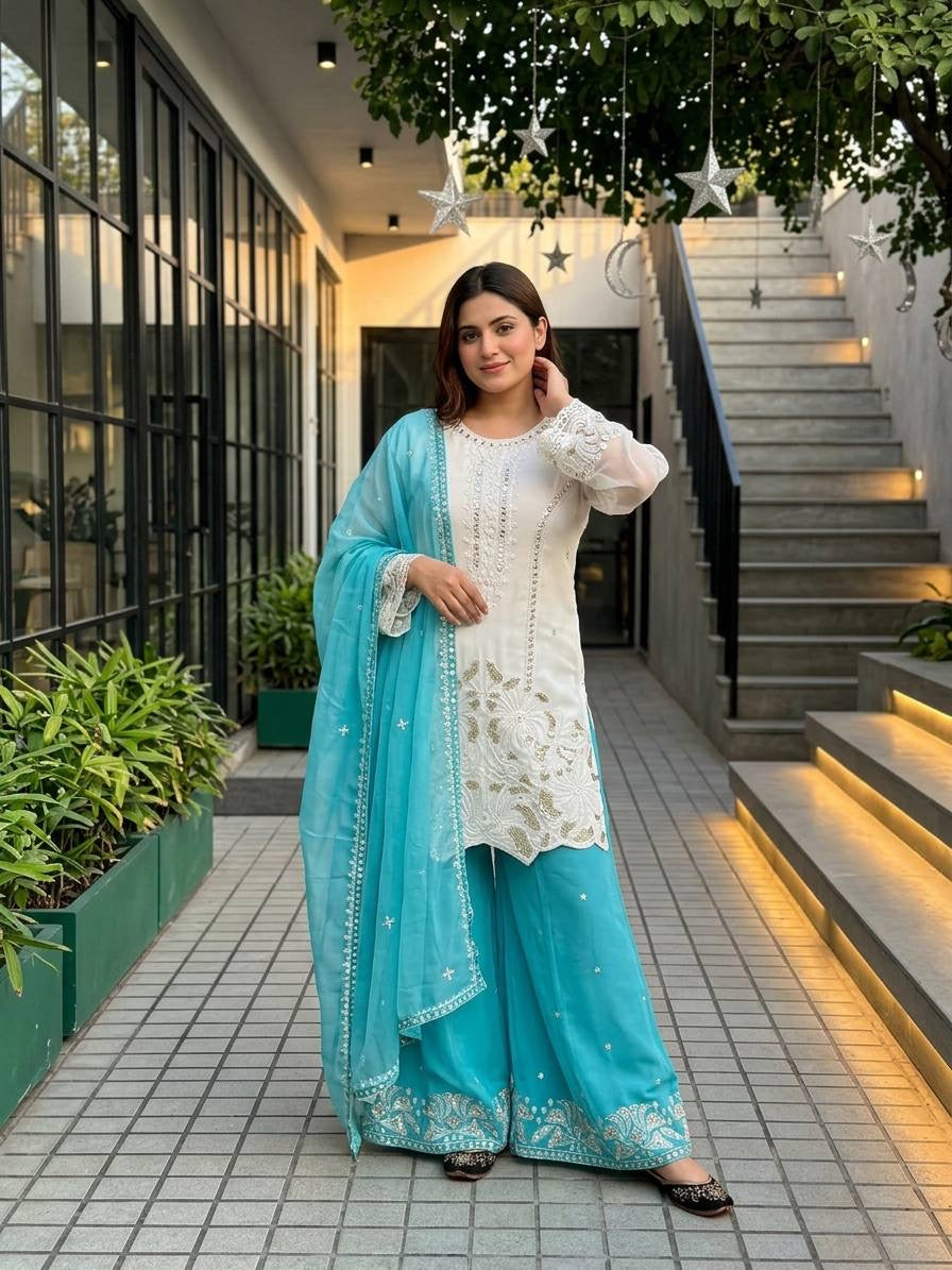Elegant Embroidered White Kurta Palazzo Suit Set with Dupatta