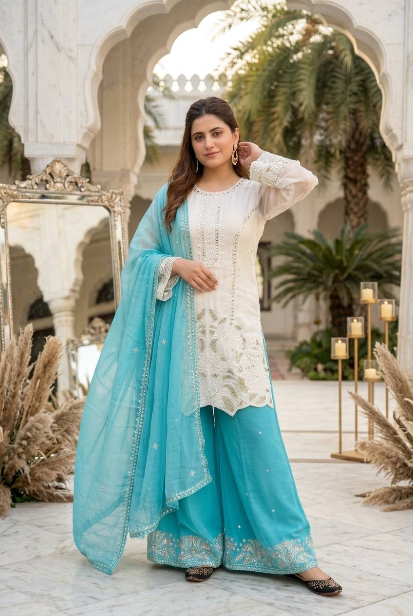 Elegant Embroidered White Kurta Palazzo Suit Set with Dupatta