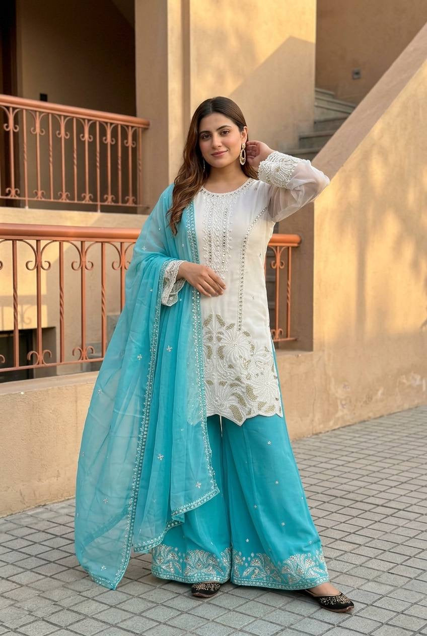 Elegant Embroidered White Kurta Palazzo Suit Set with Dupatta