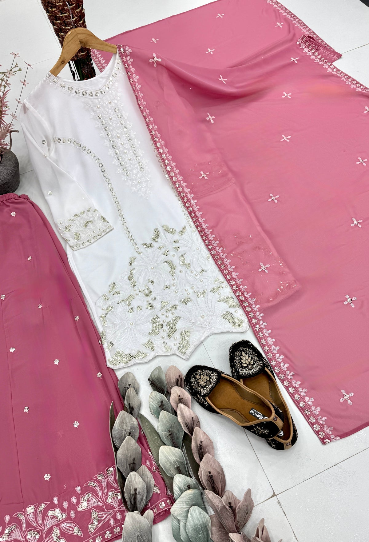 Elegant Embroidered White Kurta Palazzo Suit Set with Dupatta