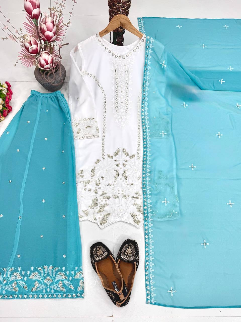 Elegant Embroidered White Kurta Palazzo Suit Set with Dupatta