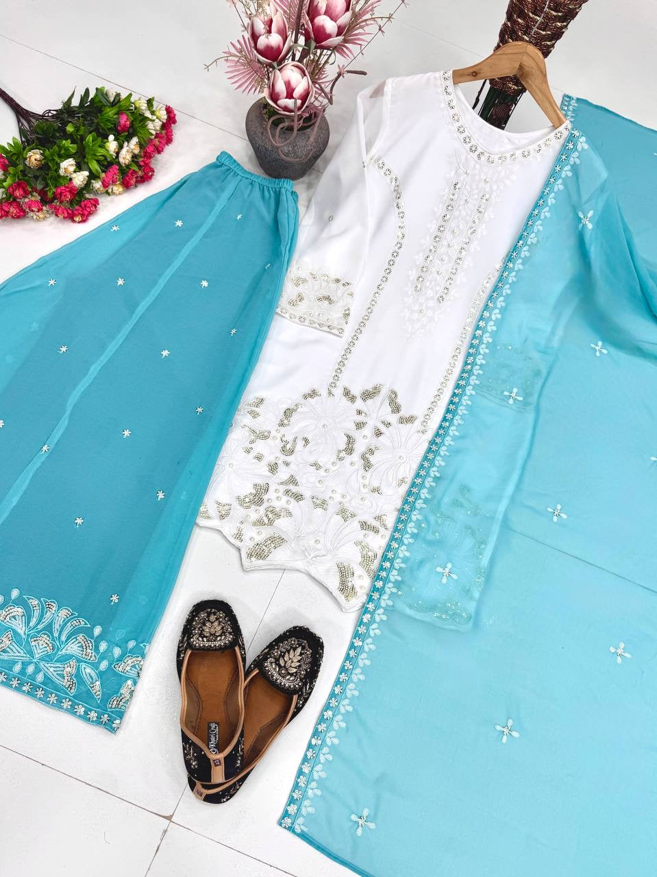 Elegant Embroidered White Kurta Palazzo Suit Set with Dupatta