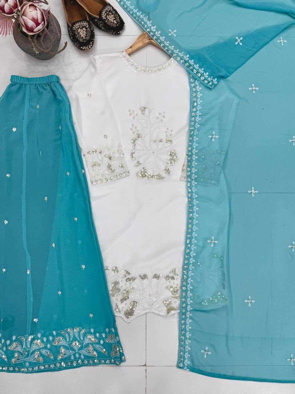 Elegant Embroidered White Kurta Palazzo Suit Set with Dupatta