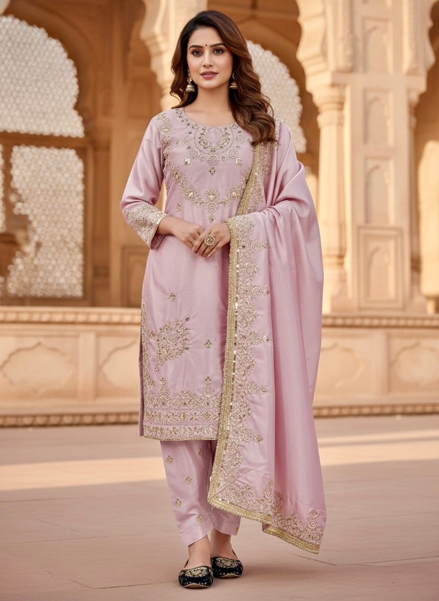 Women's Blush Pink Embroidered Straight Kurta Set with Dupatta | Premium Ethnic Wear