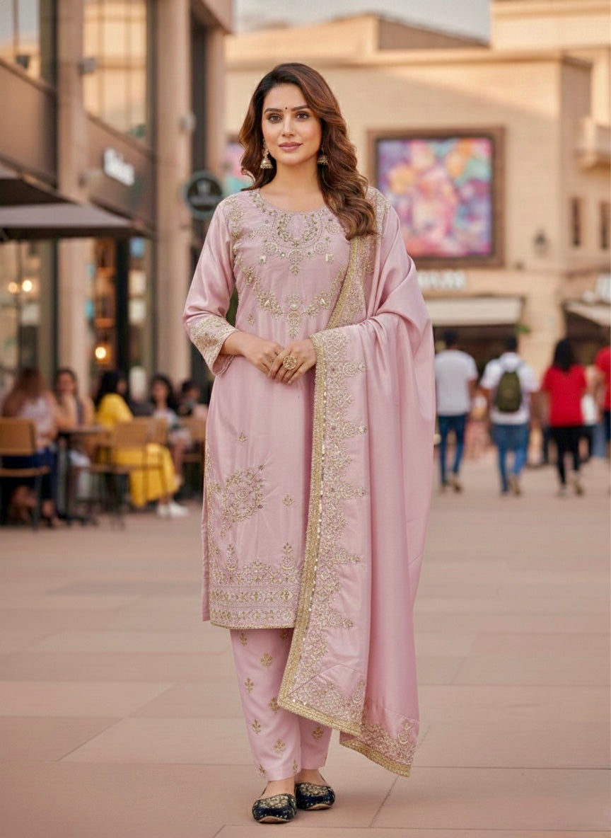 Women's Blush Pink Embroidered Straight Kurta Set with Dupatta | Premium Ethnic Wear