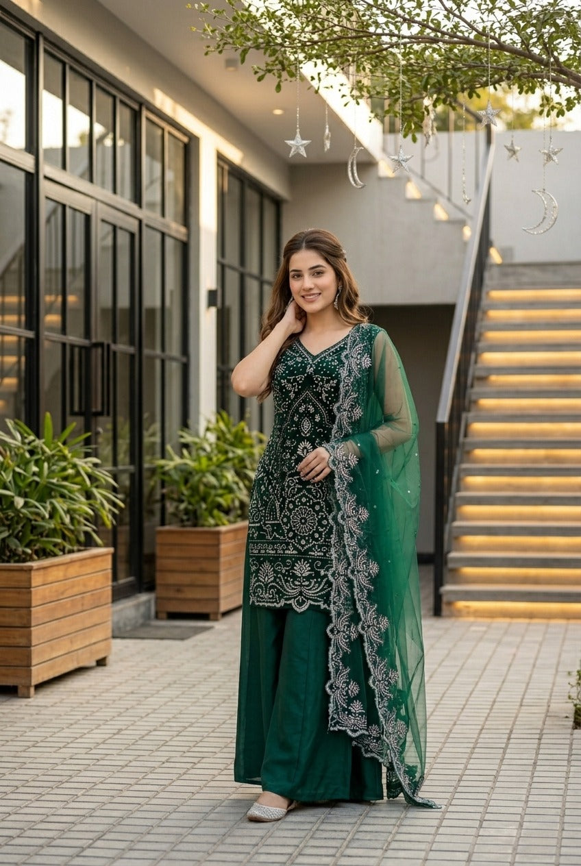 Designer Heavy Embroidered Kurta Palazzo & Dupatta Set for Women