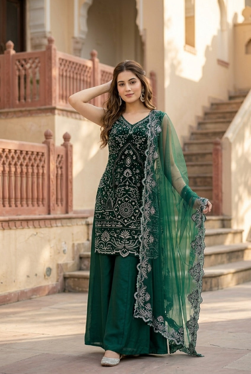 Designer Heavy Embroidered Kurta Palazzo & Dupatta Set for Women