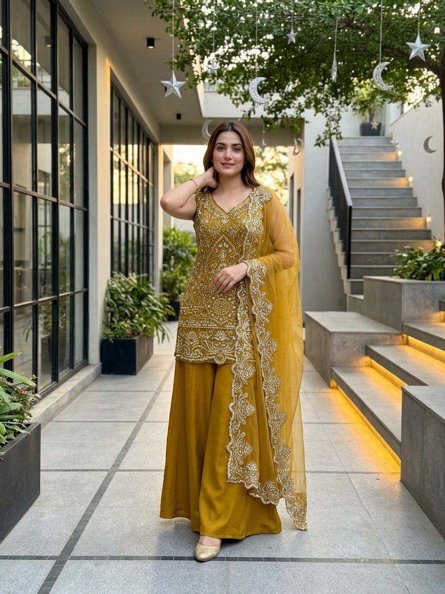Designer Heavy Embroidered Kurta Palazzo & Dupatta Set for Women