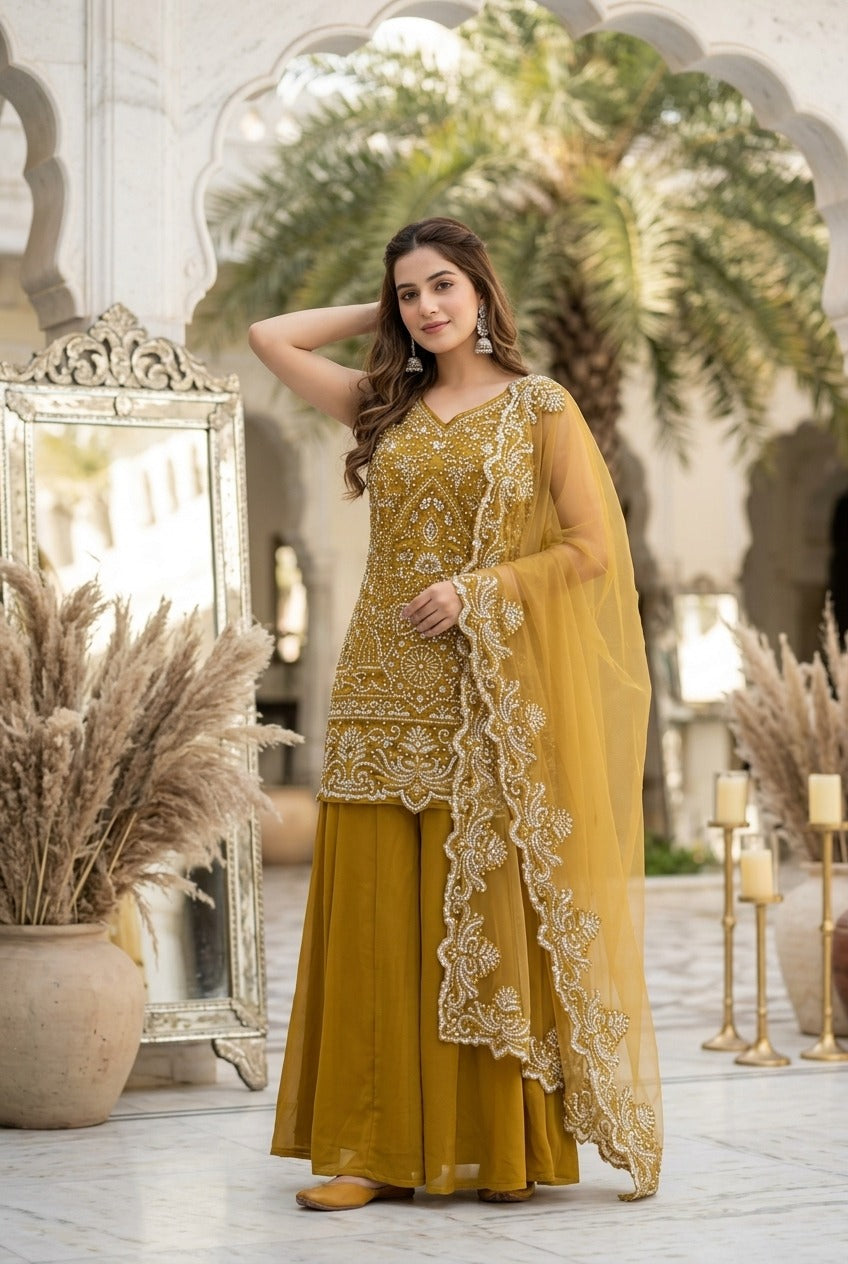 Designer Heavy Embroidered Kurta Palazzo & Dupatta Set for Women
