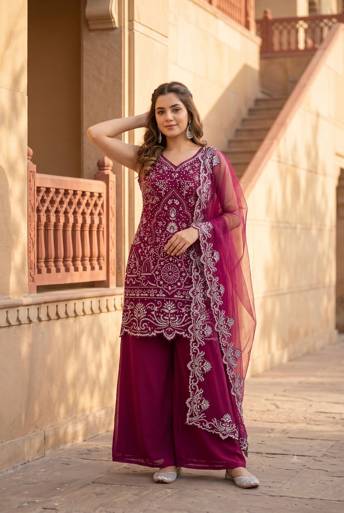 Designer Heavy Embroidered Kurta Palazzo & Dupatta Set for Women