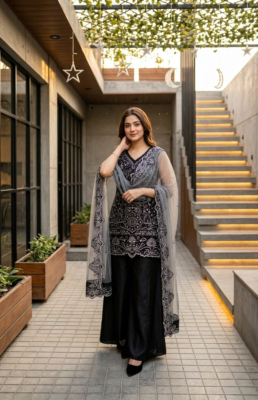 Designer Heavy Embroidered Kurta Palazzo & Dupatta Set for Women