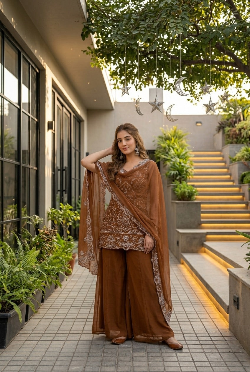Designer Heavy Embroidered Kurta Palazzo & Dupatta Set for Women