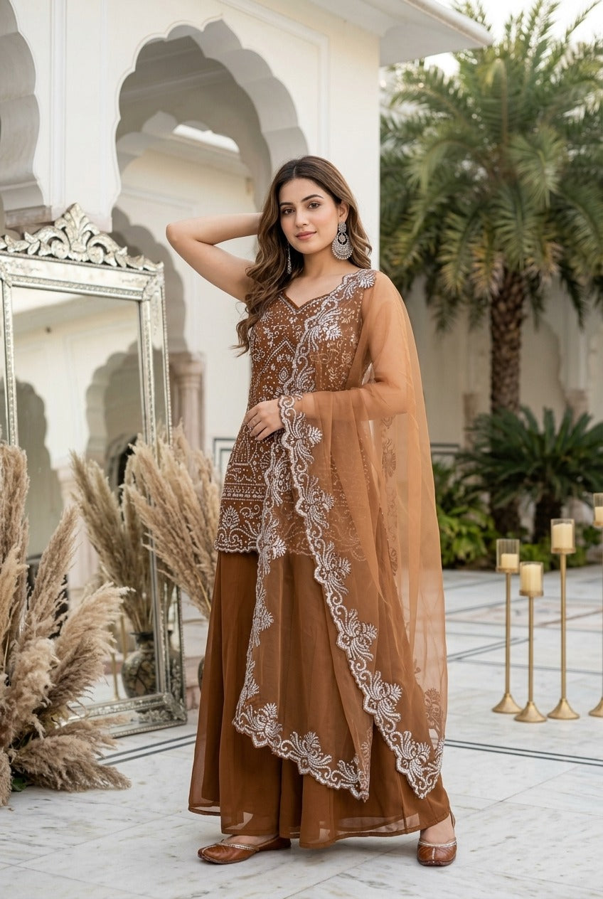 Designer Heavy Embroidered Kurta Palazzo & Dupatta Set for Women