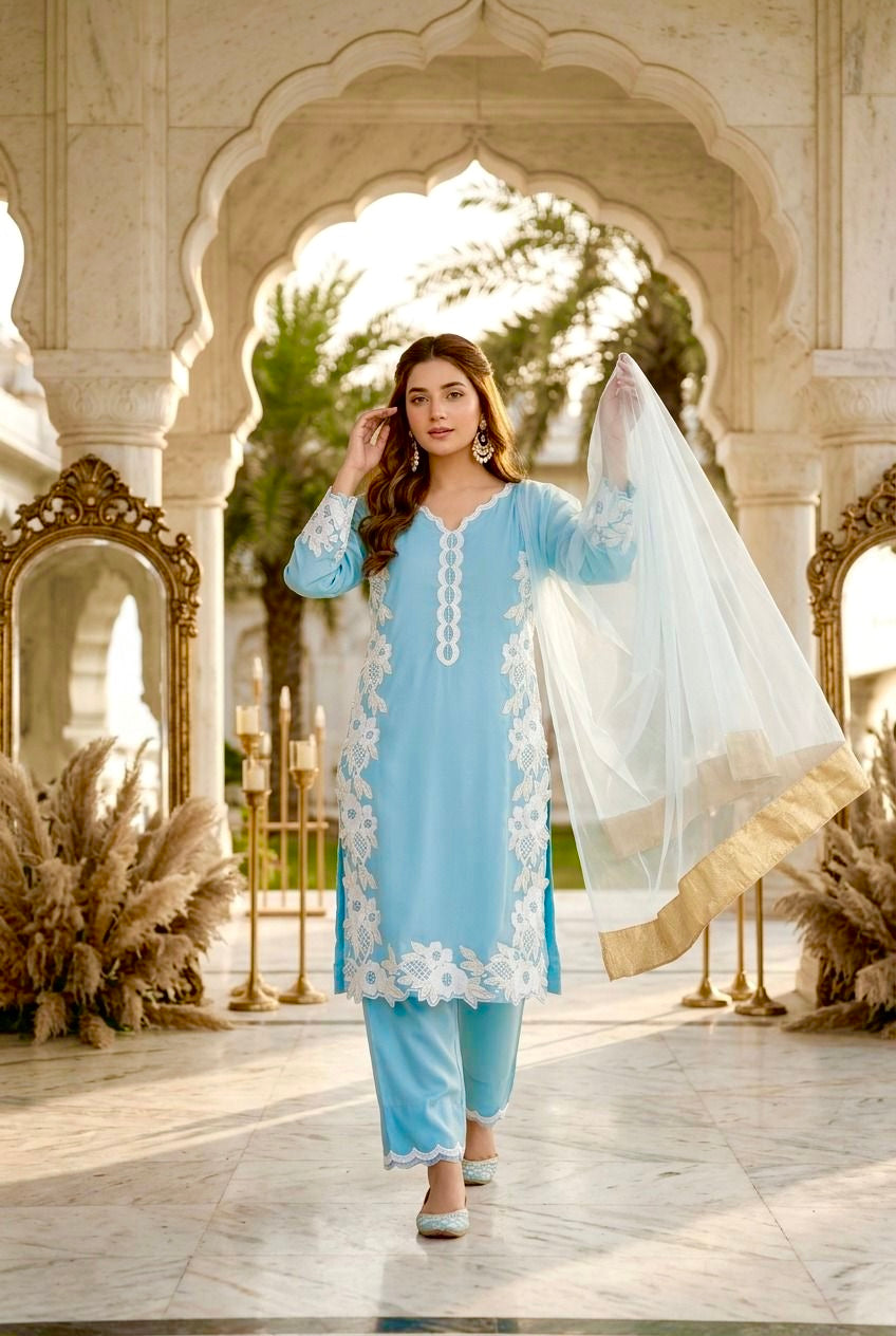 Elegant Embroidered 3-Piece Pakistani Suit with Floral Lace & Dupatta