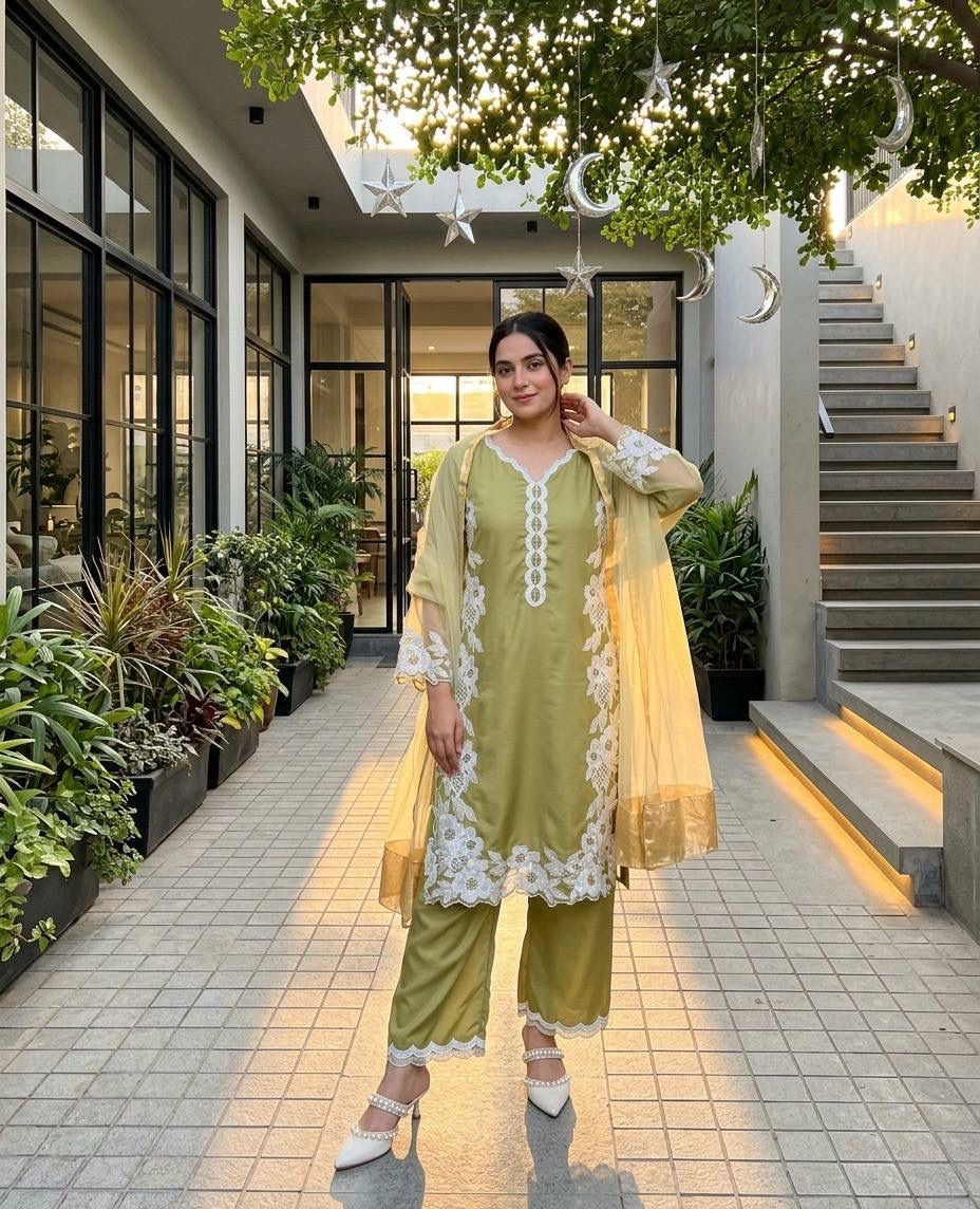 Elegant Embroidered 3-Piece Pakistani Suit with Floral Lace & Dupatta
