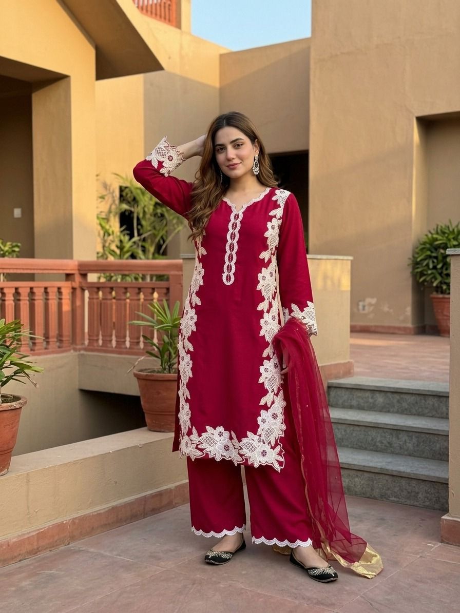 Elegant Embroidered 3-Piece Pakistani Suit with Floral Lace & Dupatta