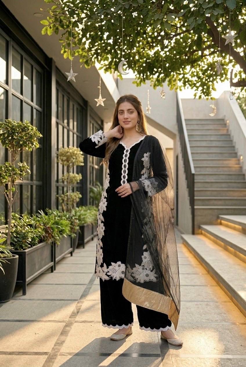 Elegant Embroidered 3-Piece Pakistani Suit with Floral Lace & Dupatta