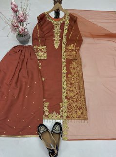 Luxury Brown Embroidered Pakistani Salwar Kameez Suit with Organza Dupatta for Women