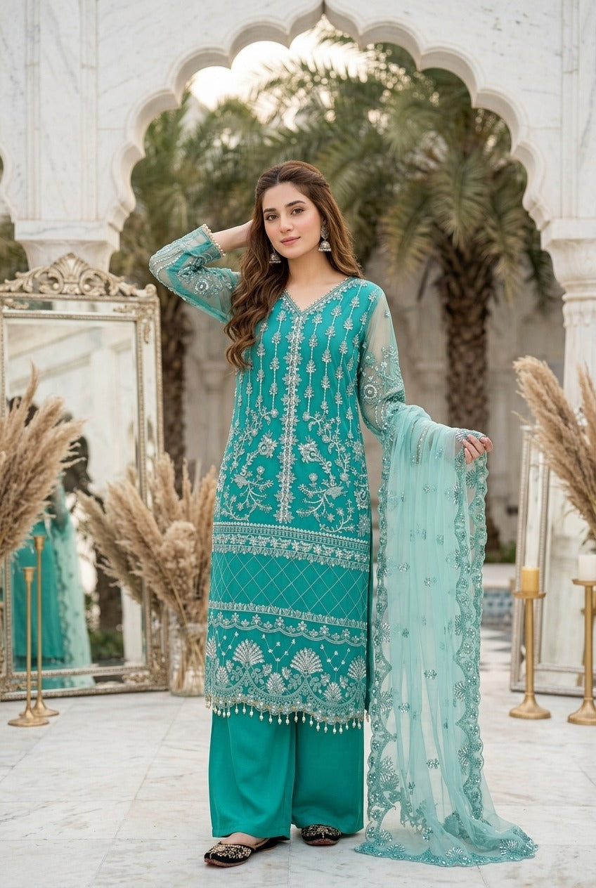 Luxury Embroidered Pakistani 3-Piece Suit with Sheer Dupatta