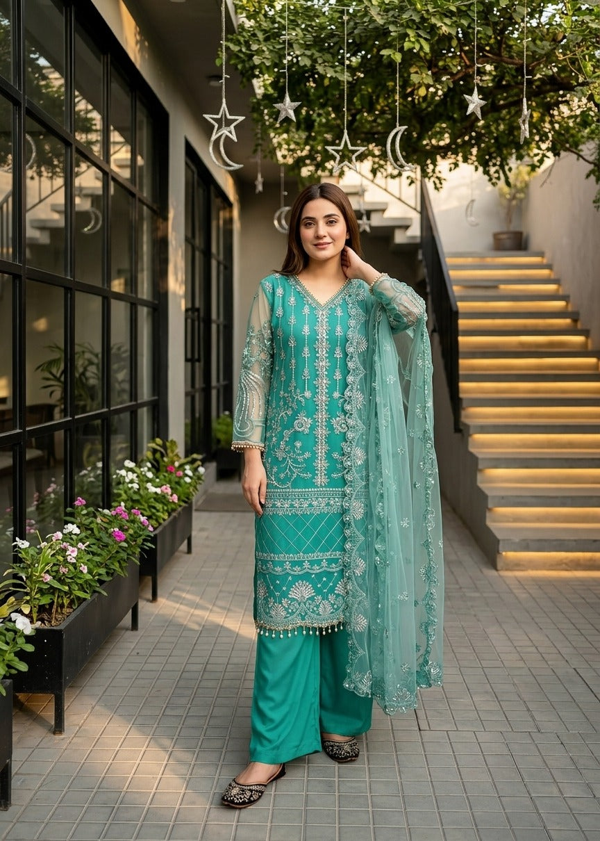 Luxury Embroidered Pakistani 3-Piece Suit with Sheer Dupatta