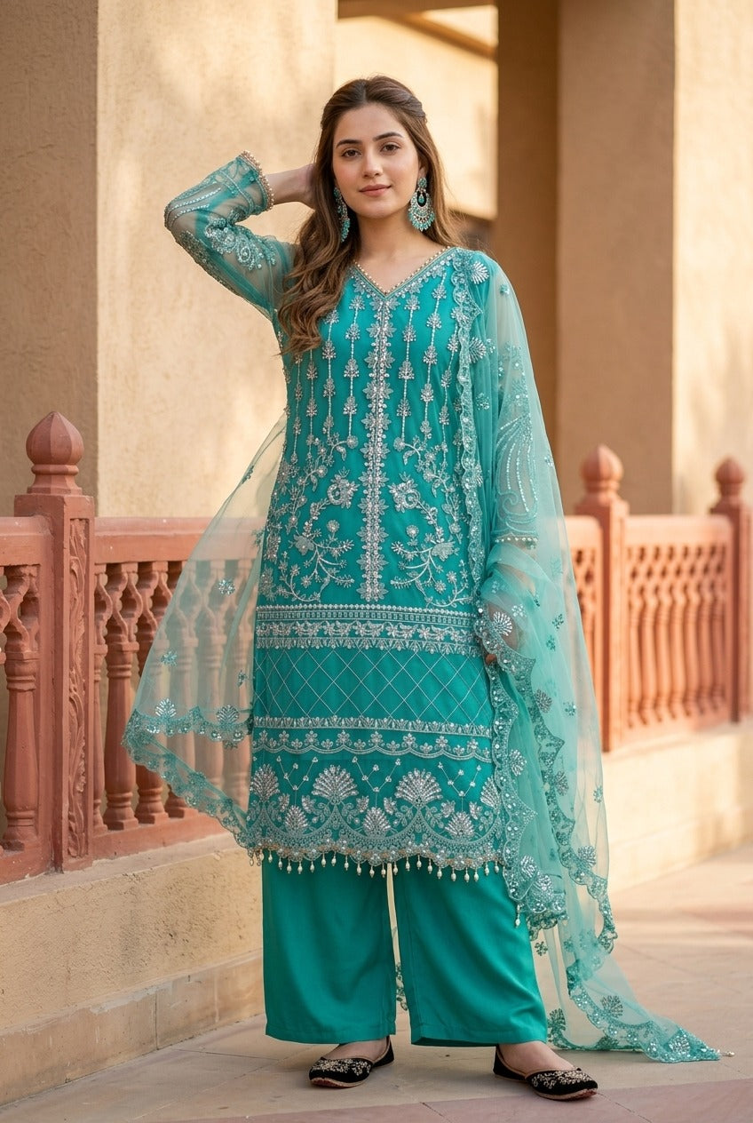 Luxury Embroidered Pakistani 3-Piece Suit with Sheer Dupatta