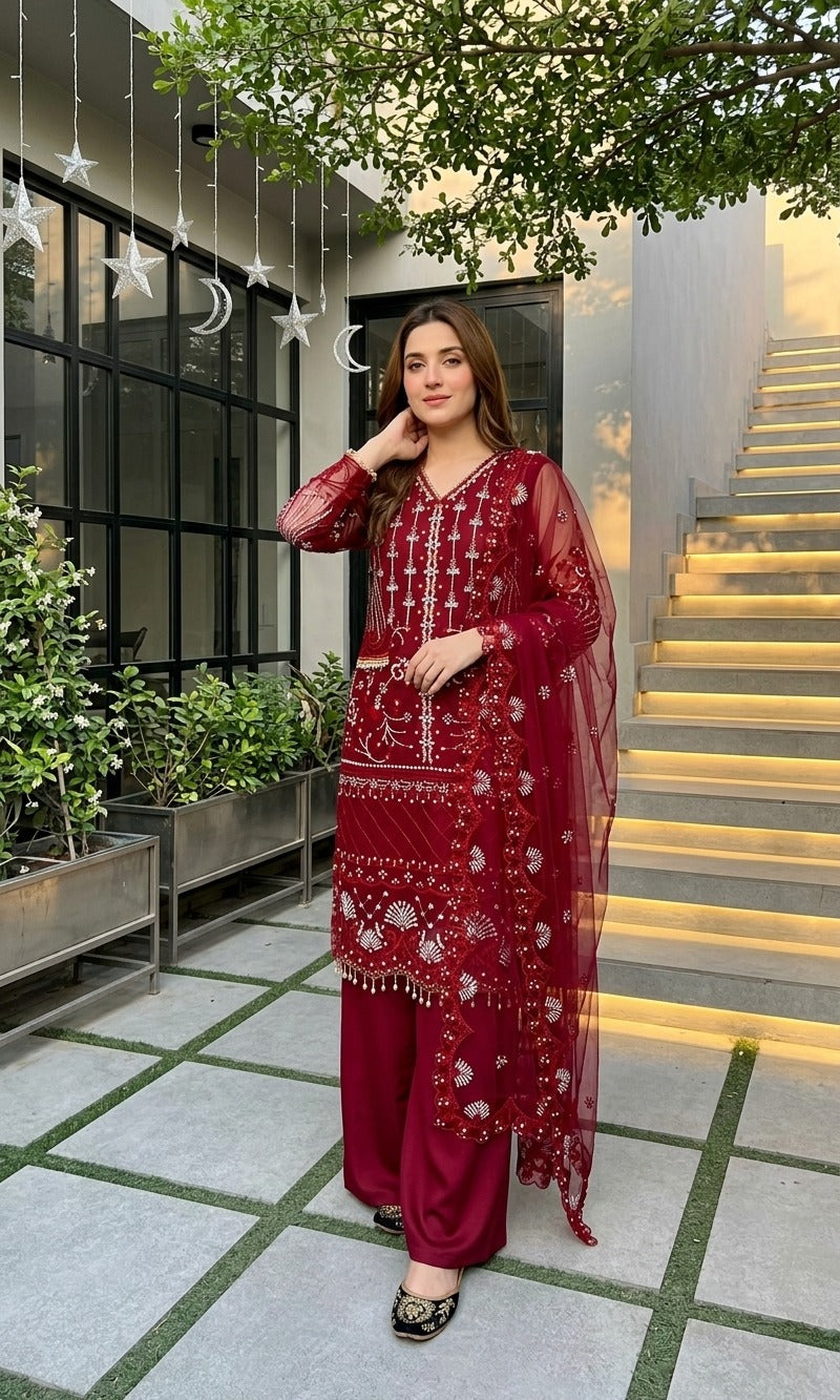 Luxury Embroidered Pakistani 3-Piece Suit with Sheer Dupatta