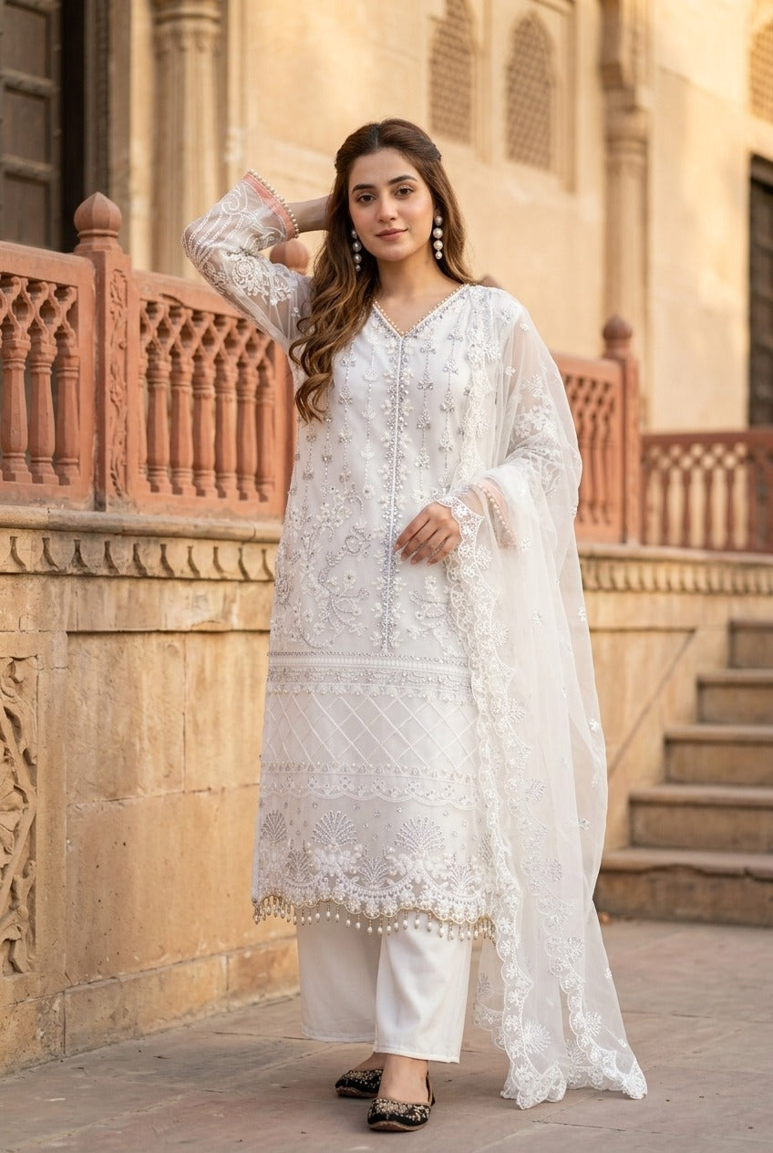 Luxury Embroidered Pakistani 3-Piece Suit with Sheer Dupatta