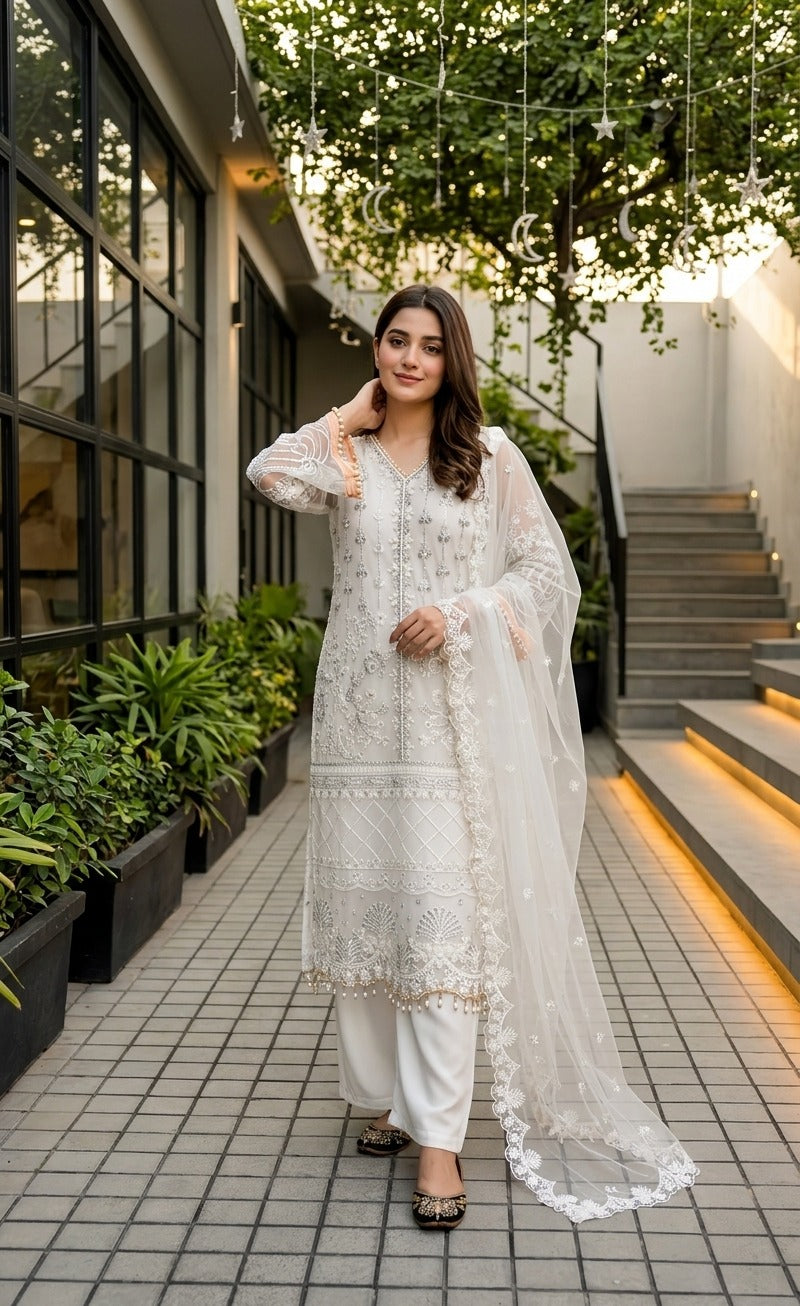 Luxury Embroidered Pakistani 3-Piece Suit with Sheer Dupatta