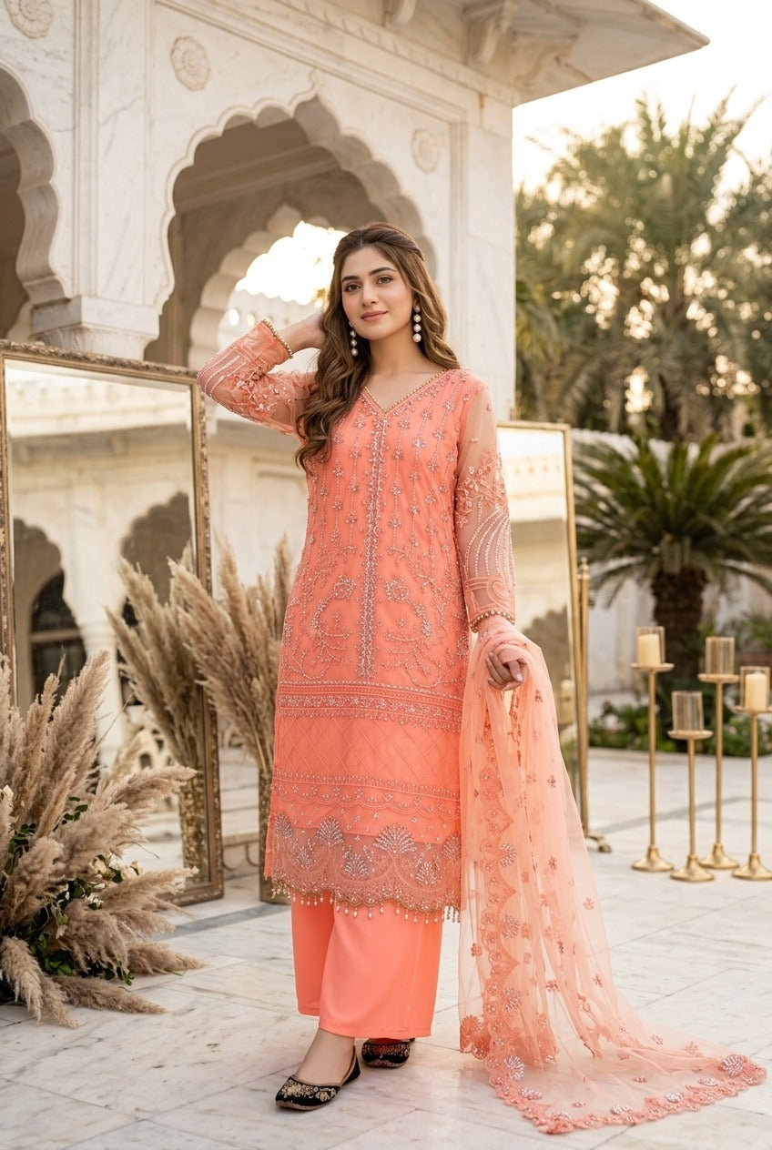 Luxury Embroidered Pakistani 3-Piece Suit with Sheer Dupatta
