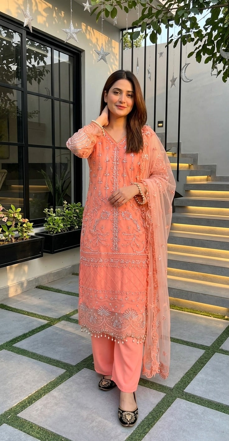 Luxury Embroidered Pakistani 3-Piece Suit with Sheer Dupatta