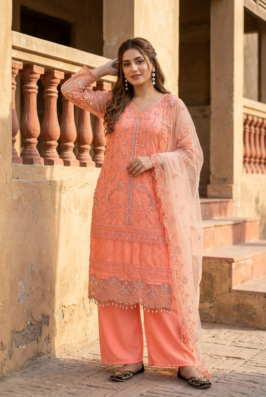 Luxury Embroidered Pakistani 3-Piece Suit with Sheer Dupatta