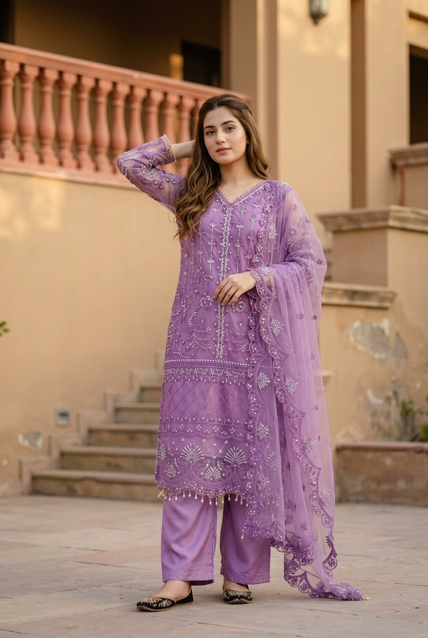 Luxury Embroidered Pakistani 3-Piece Suit with Sheer Dupatta