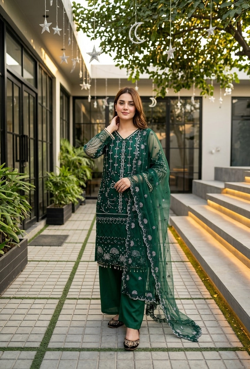 Luxury Embroidered Pakistani 3-Piece Suit with Sheer Dupatta