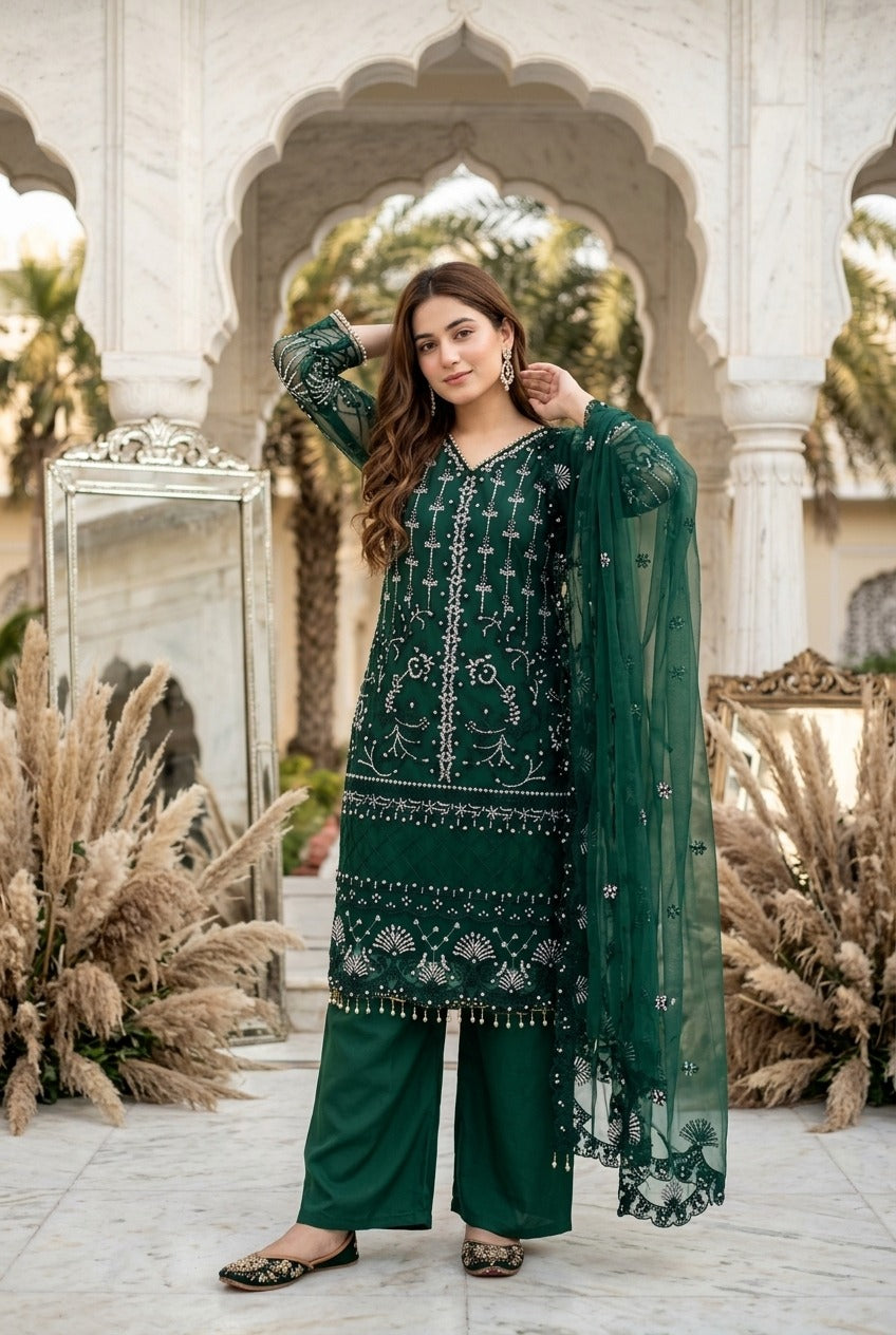 Luxury Embroidered Pakistani 3-Piece Suit with Sheer Dupatta