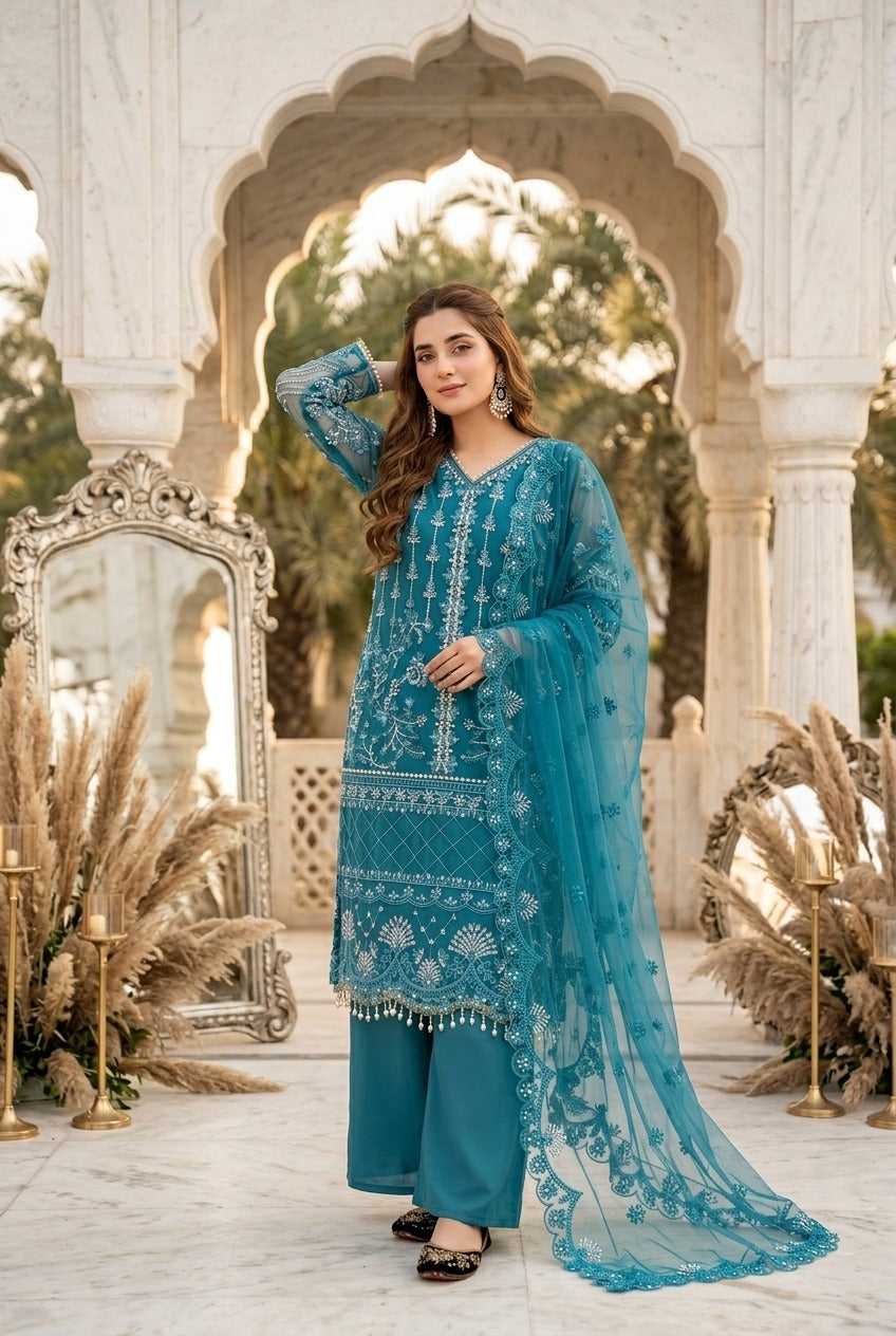 Luxury Embroidered Pakistani 3-Piece Suit with Sheer Dupatta