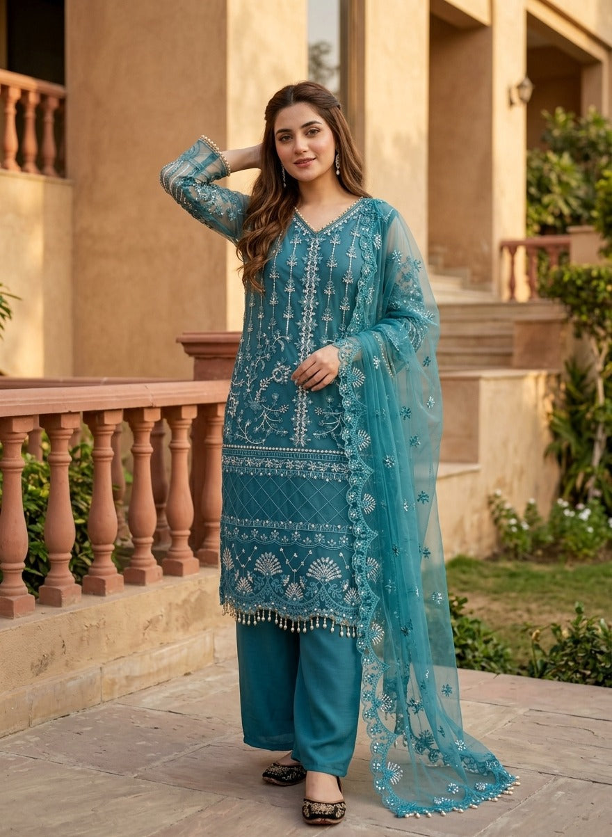 Luxury Embroidered Pakistani 3-Piece Suit with Sheer Dupatta