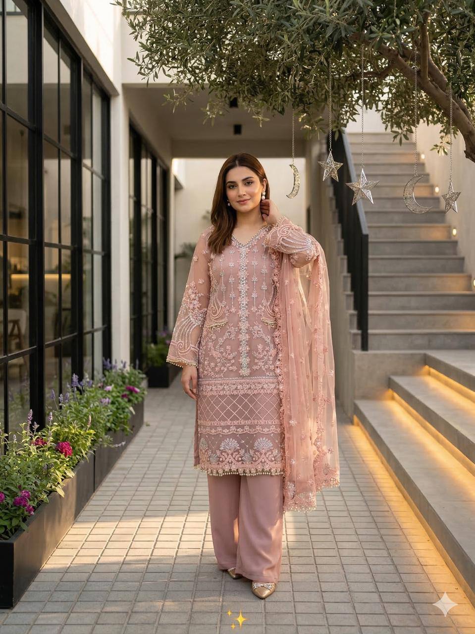 Luxury Embroidered Pakistani 3-Piece Suit with Sheer Dupatta