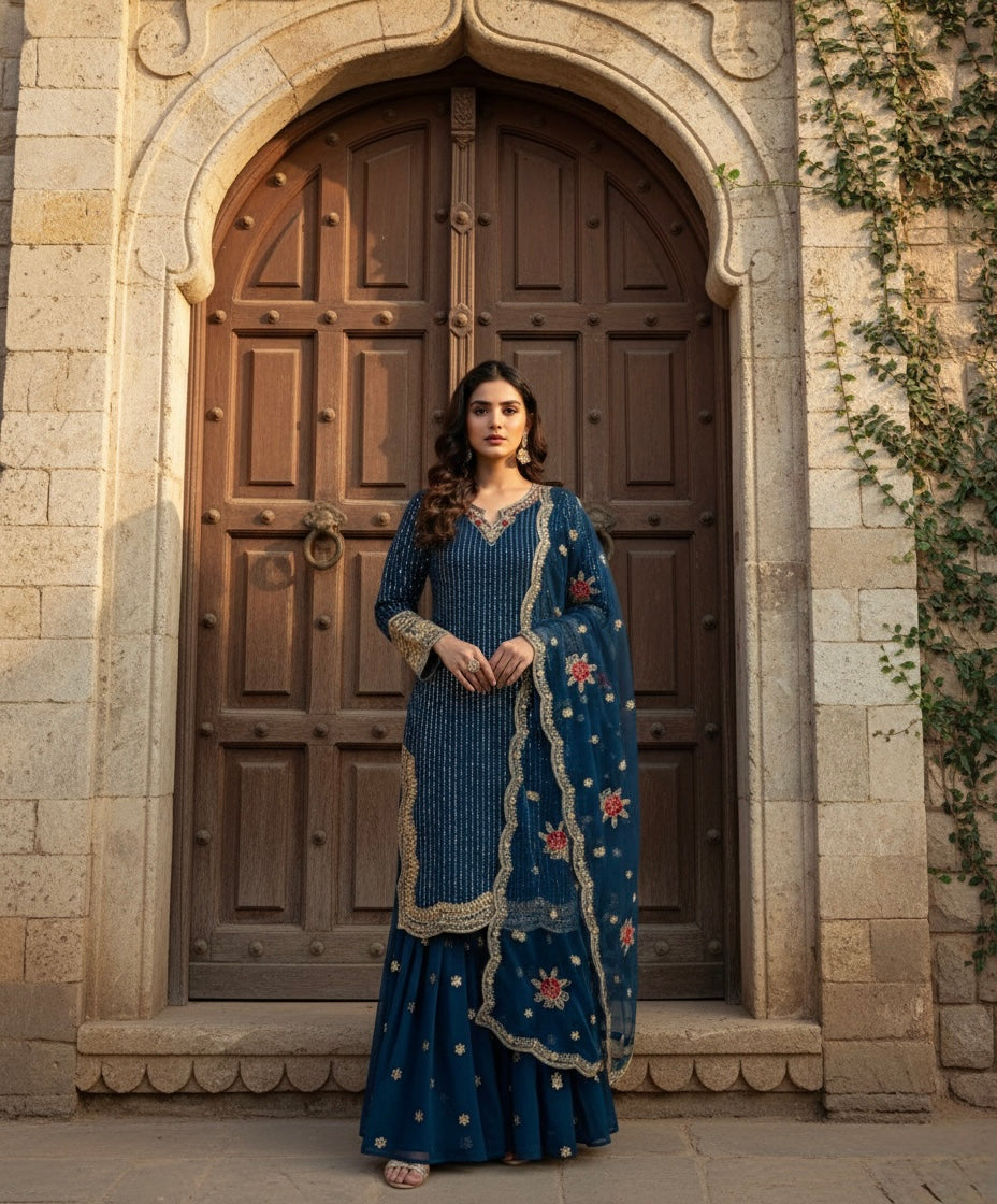 Elegant Navy Blue Embroidered Sharara Suit with Floral Dupatta for Women | Party & Wedding Wear