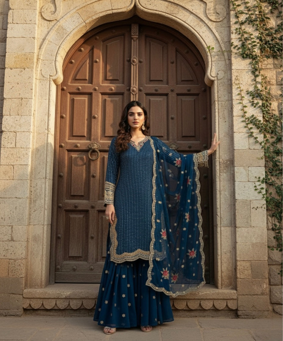 Elegant Navy Blue Embroidered Sharara Suit with Floral Dupatta for Women | Party & Wedding Wear