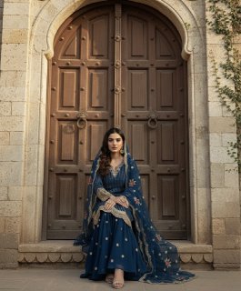 Elegant Navy Blue Embroidered Sharara Suit with Floral Dupatta for Women | Party & Wedding Wear
