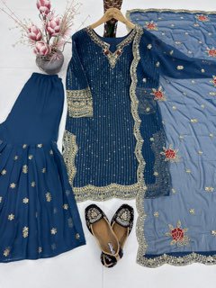 Elegant Navy Blue Embroidered Sharara Suit with Floral Dupatta for Women | Party & Wedding Wear