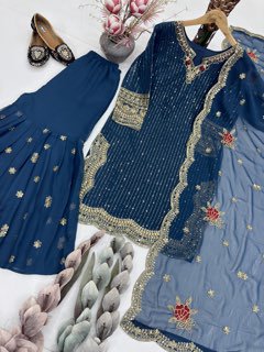 Elegant Navy Blue Embroidered Sharara Suit with Floral Dupatta for Women | Party & Wedding Wear