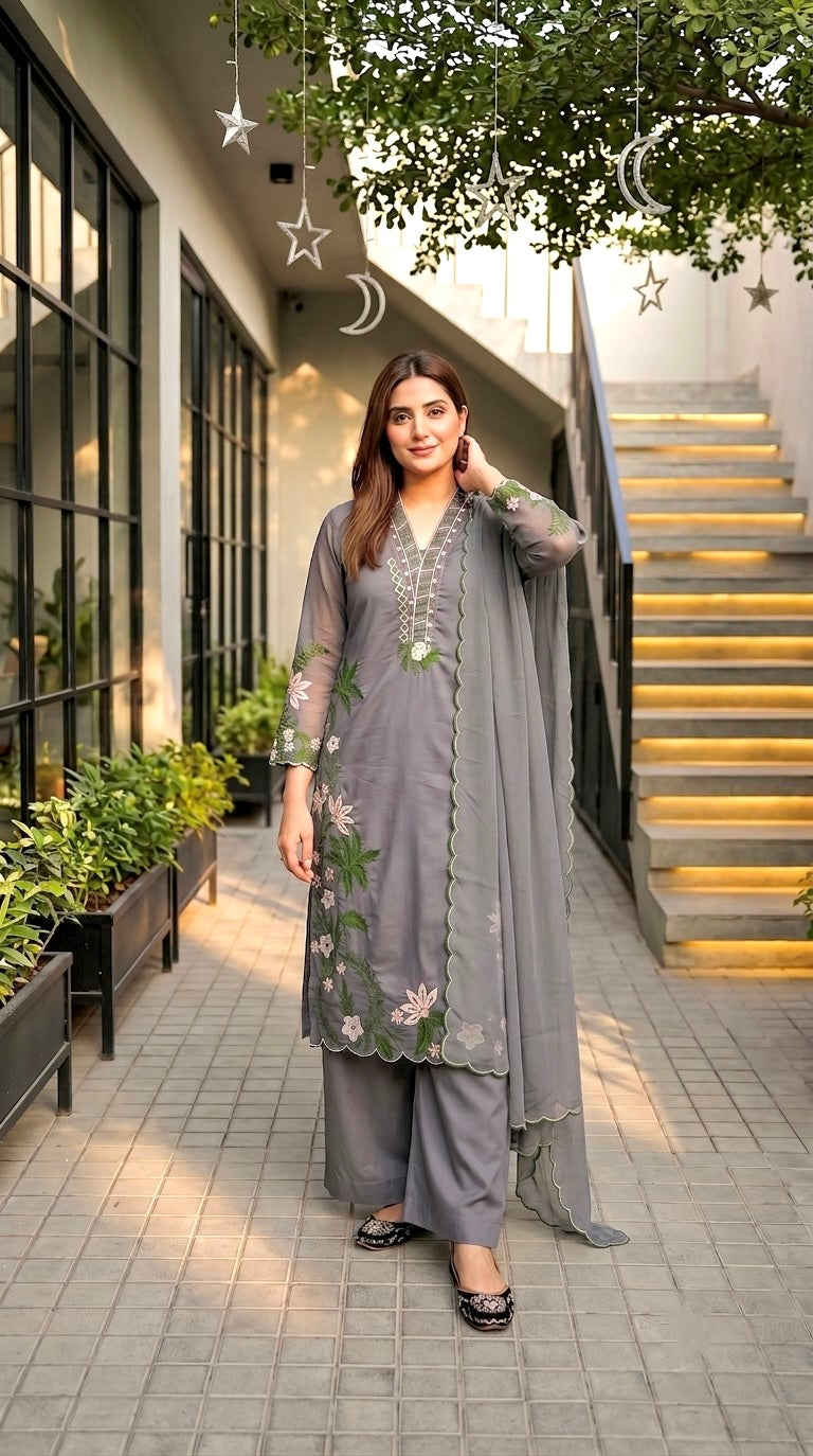 Designer Heavy Faux Georgette Pakistani Suit Set – Embroidered 3 Piece Salwar Suit